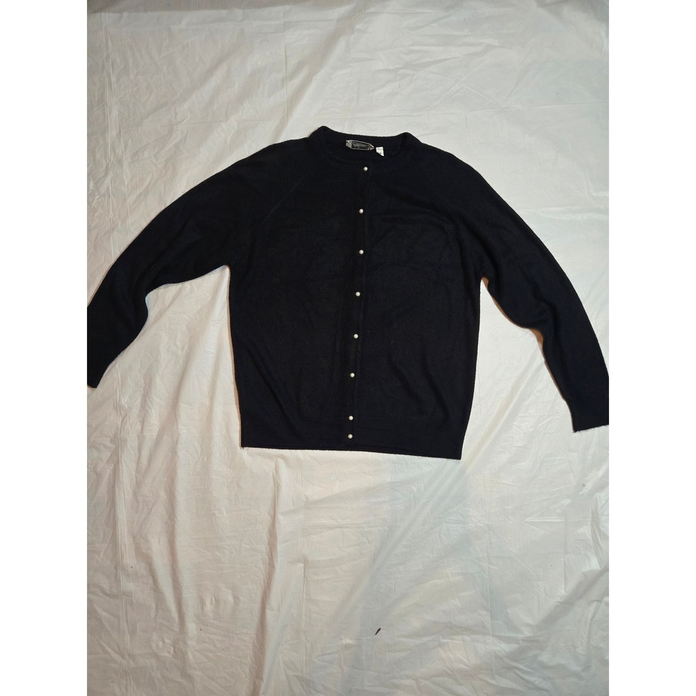Alicia Black Faux Pearl Button Crew Neck Cardigan Vintage Medium Made in USA